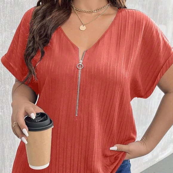 SHEIN LUNE Plus Half Zip Batwing Sleeve Curved Hem Blouse 0XL 12 Burnt Orange - Picture 1 of 2